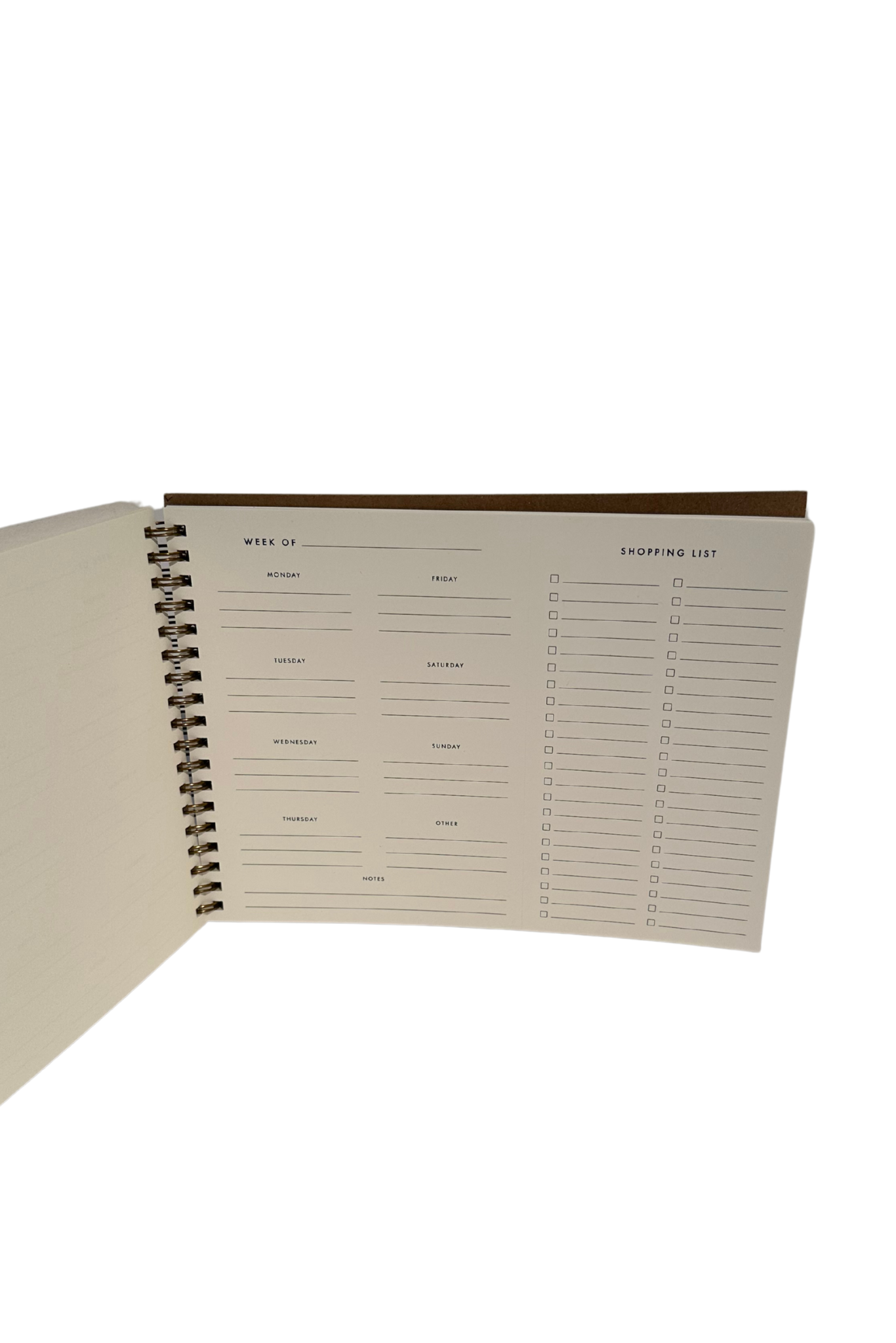 A retro-inspired weekly meal planner with a peppercorn cover and white ink, featuring space for 3 meals a day, snacks, and a tear-off shopping list.