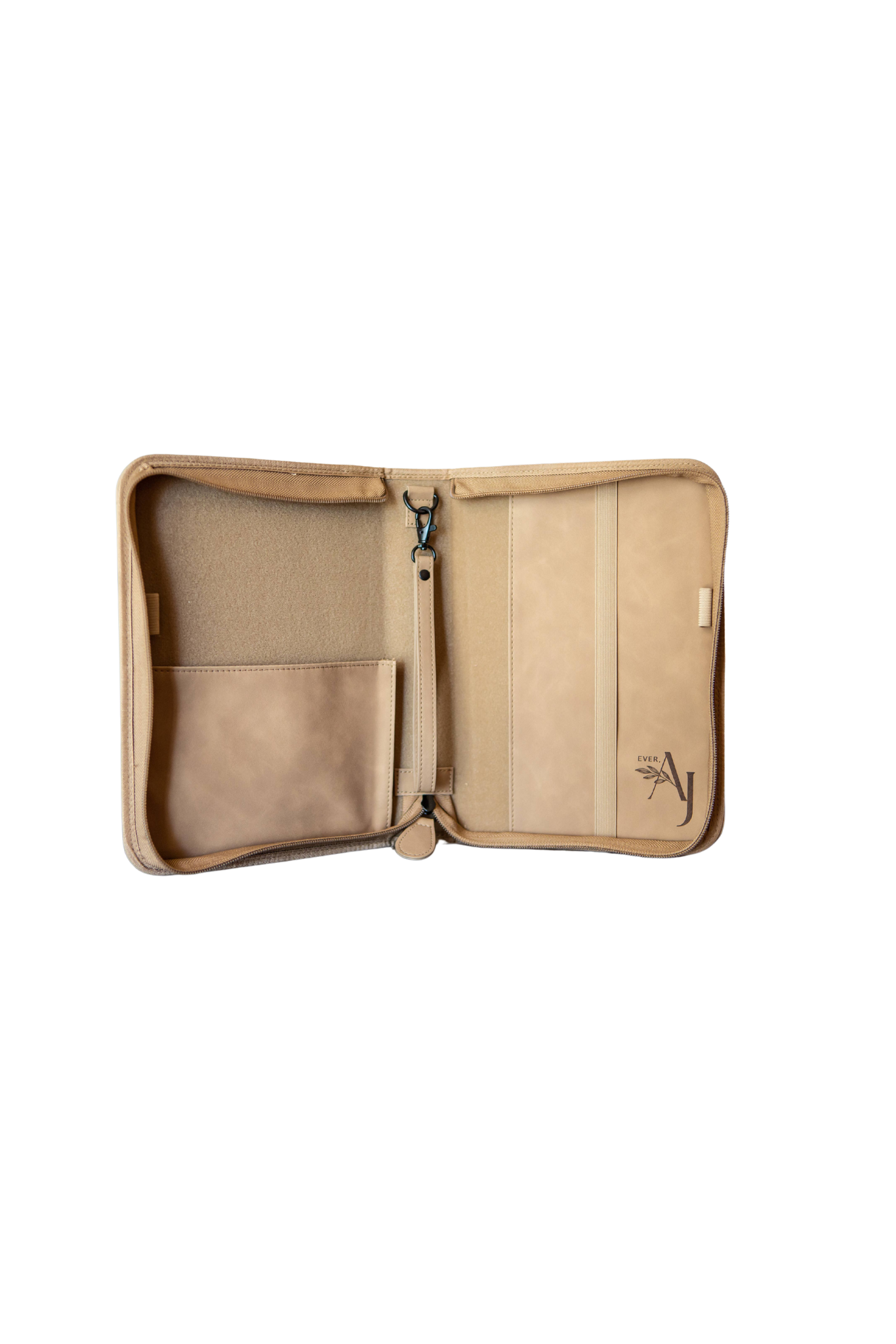 Wreath Bible Case in soft brown vegan leather with a heat-stamped floral design, detachable wristlet, and spine handle for easy carrying.