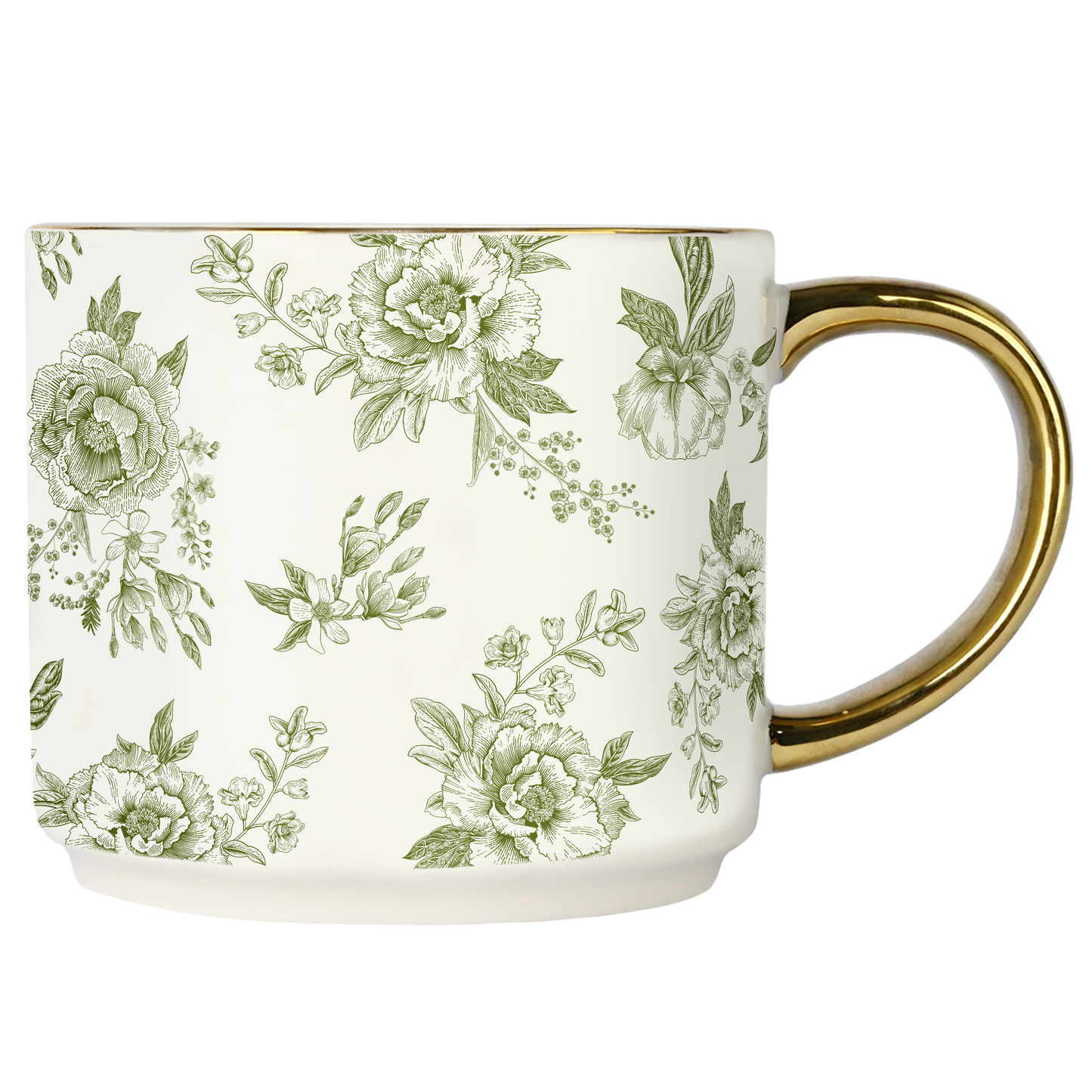 Elegant 17oz ceramic mug with green Delft design on white bone china,Gold detailed handle and botanical design on Green Delft tea mug