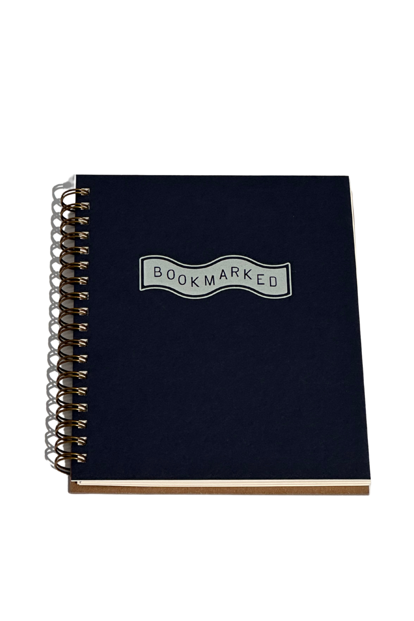 A Bookmarked Book Log Journal with 60 pages to track books read, thoughts, and quotes, featuring a deep blue cover and gold wire-O binding.