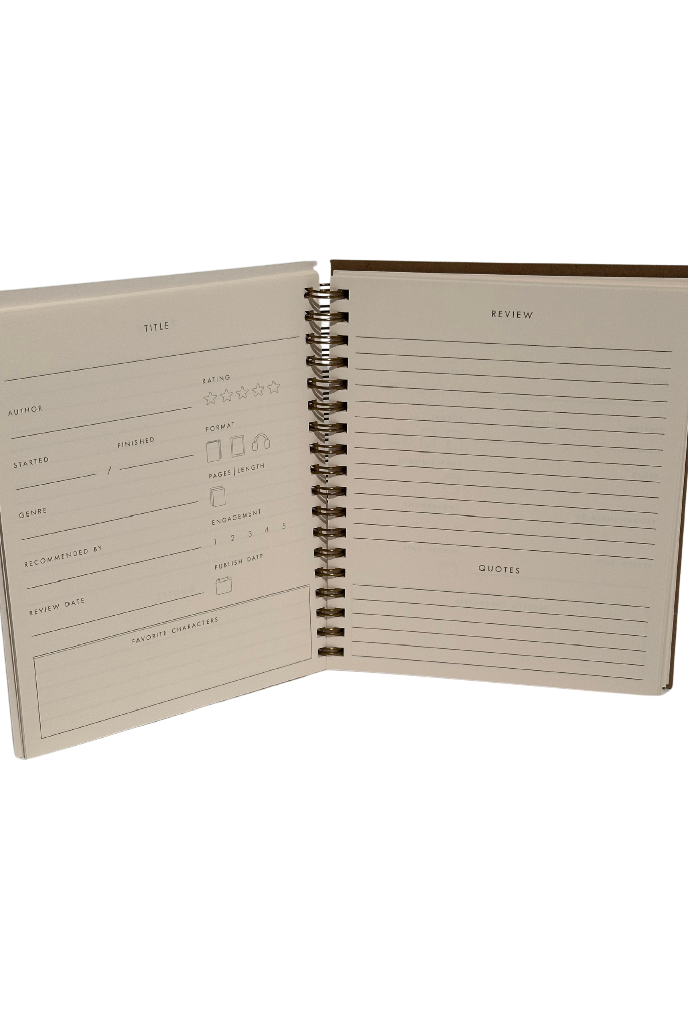 A Bookmarked Book Log Journal with 60 pages to track books read, thoughts, and quotes, featuring a deep blue cover and gold wire-O binding.