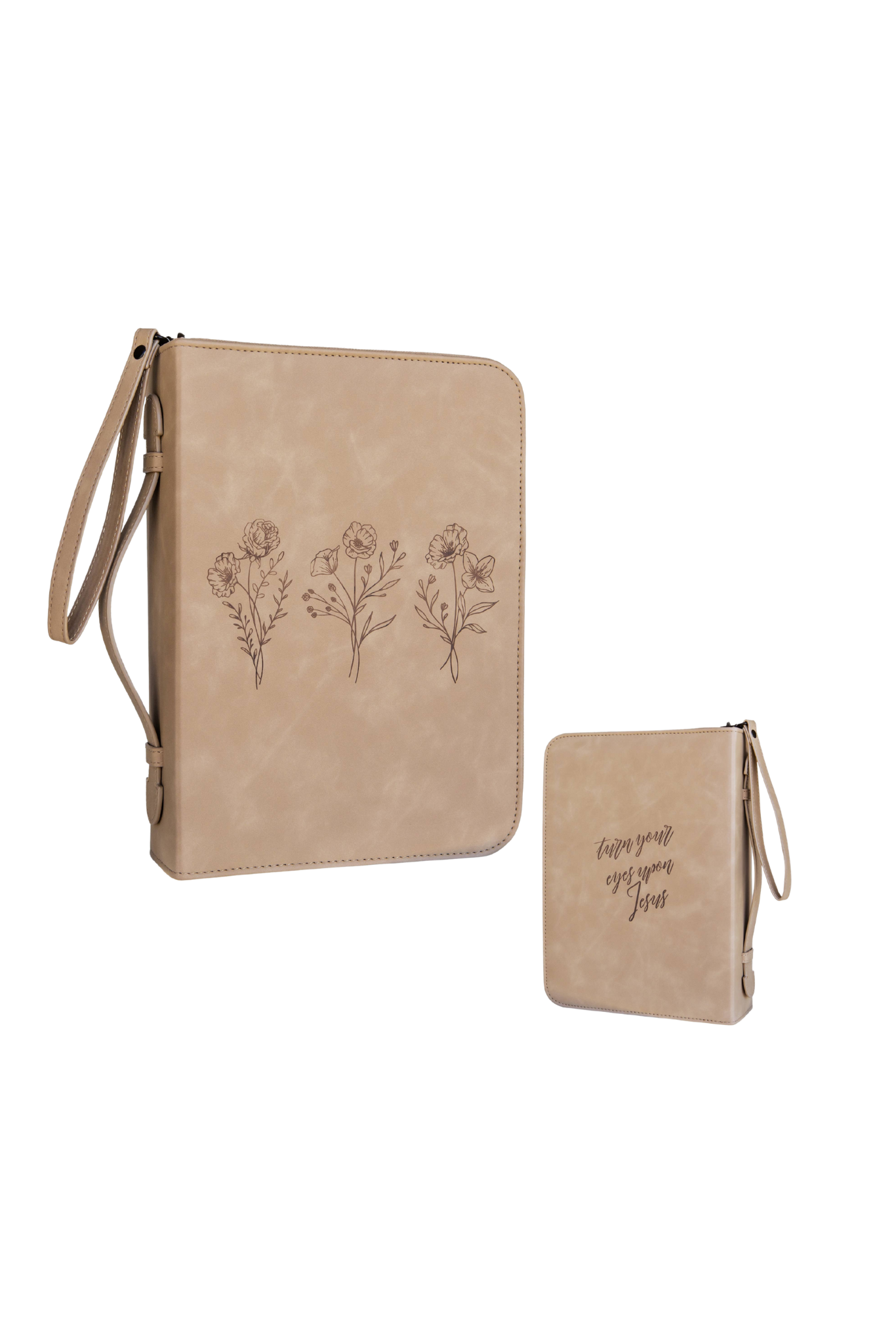 Trio Floral Bible Case Cover in soft brown vegan leather with a heat-stamped floral design, detachable wristlet, and “Turn your eyes upon Jesus” typography on the back.