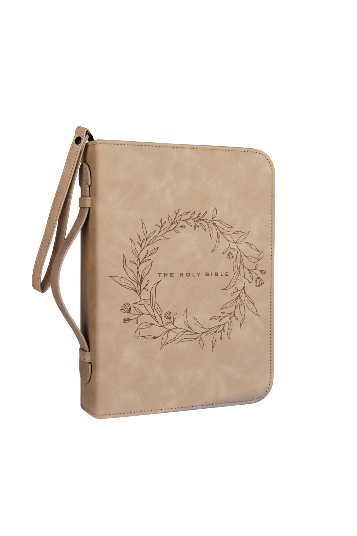 Wreath Bible Case in soft brown vegan leather with a heat-stamped floral design, detachable wristlet, and spine handle for easy carrying.
