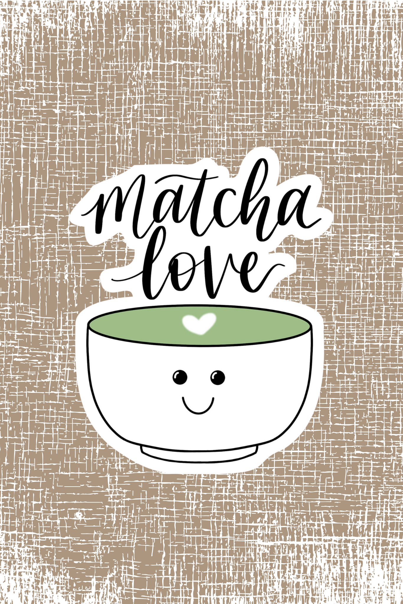 “Matcha Love” vinyl sticker in soft green tones; 2.46 x 3 inch waterproof and weatherproof decal shown on a mug and journal.