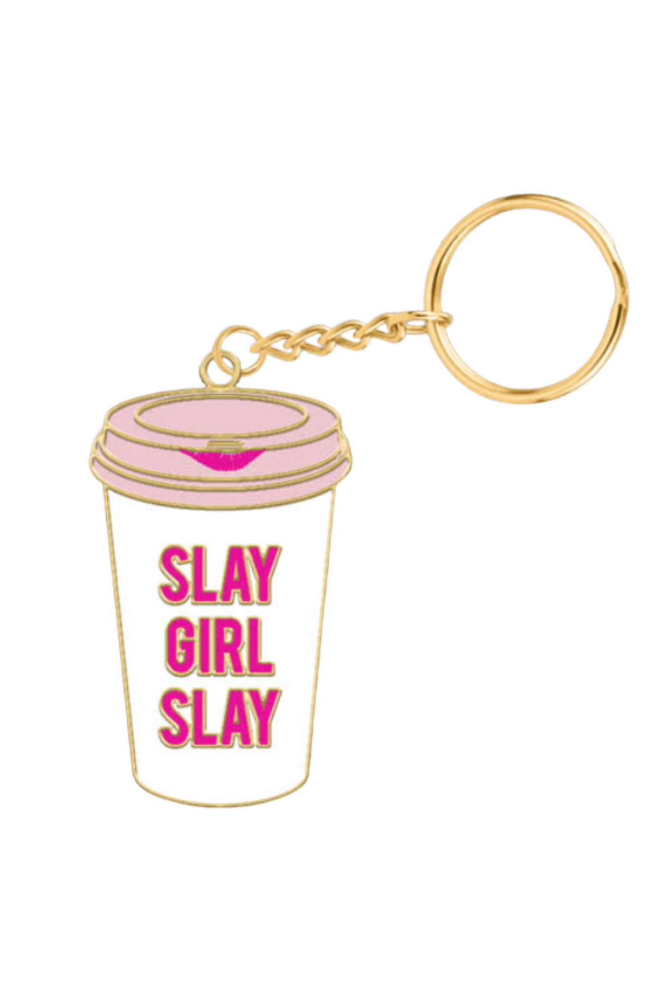 Slay Girl Slay gold enamel key chain with a glossy finish and brass key ring, 2.75 inches long.