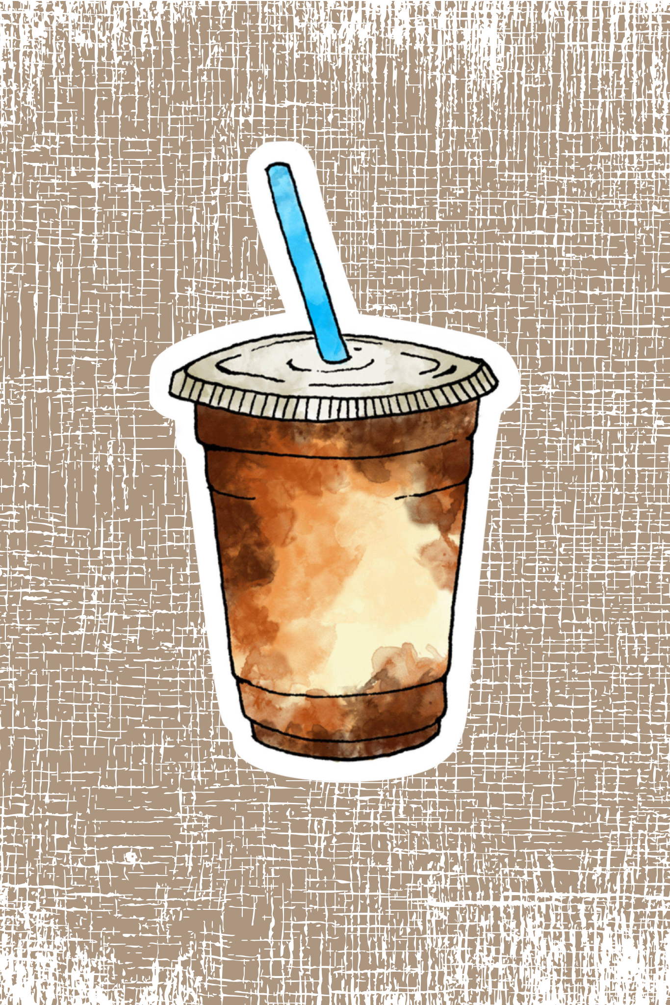 Iced coffee vinyl sticker with blue straw and clear cup; 1.86 x 3.2 inch waterproof and weatherproof decal displayed on a water bottle and laptop.