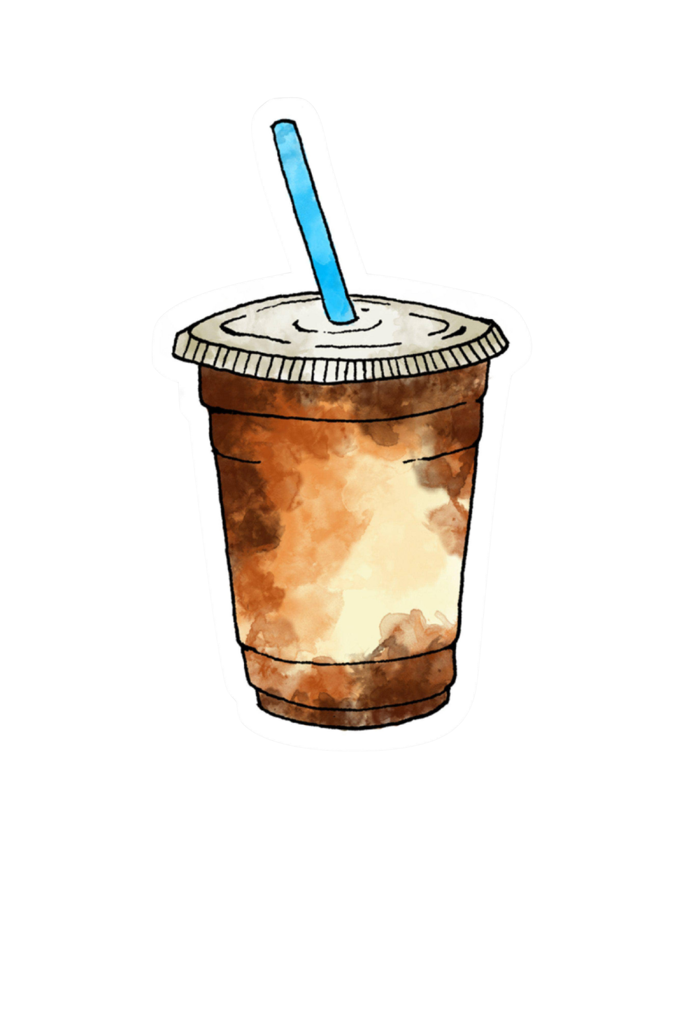 Iced coffee vinyl sticker with blue straw and clear cup; 1.86 x 3.2 inch waterproof and weatherproof decal displayed on a water bottle and laptop.

